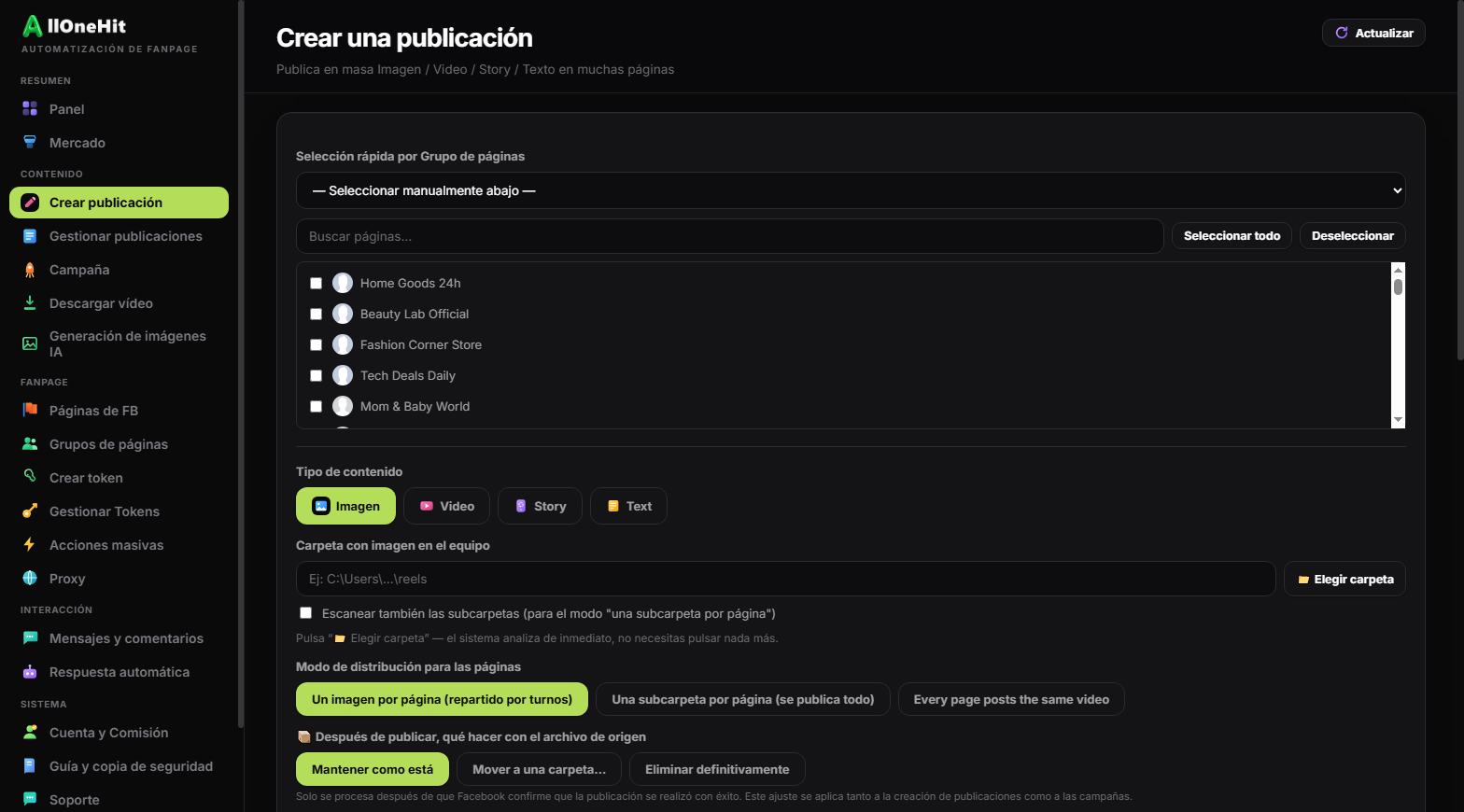 Pantalla de creación de publicaciones