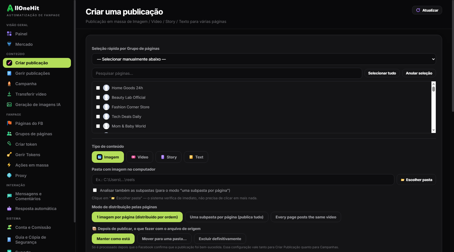 Ecrã de criação de publicações